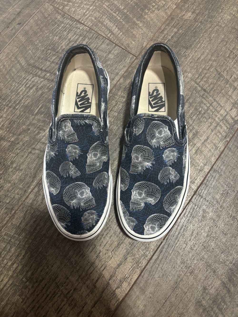 Vans Navy Slip-On Sneakers with White Wireframe Skull Pattern